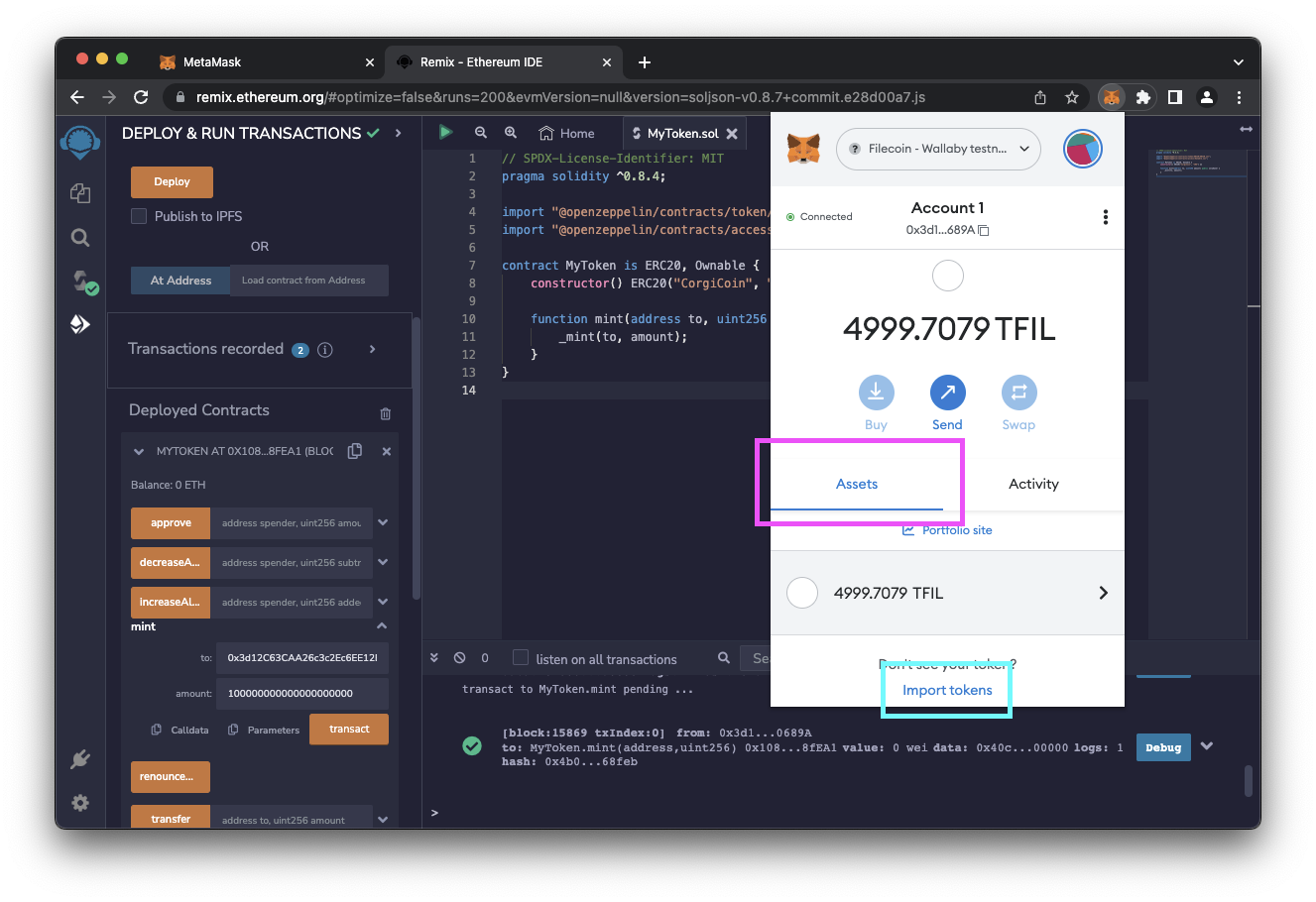 Importing tokens into MetaMask.