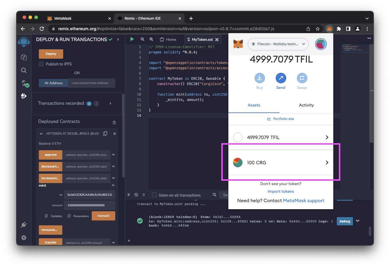 Final token import page in MetaMask.
