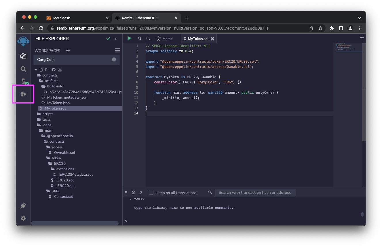 Click deploy within Remix.