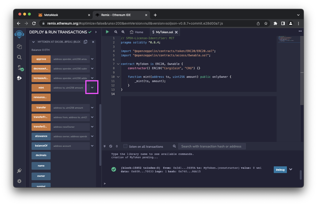 Remix showing the mint method of a contract.