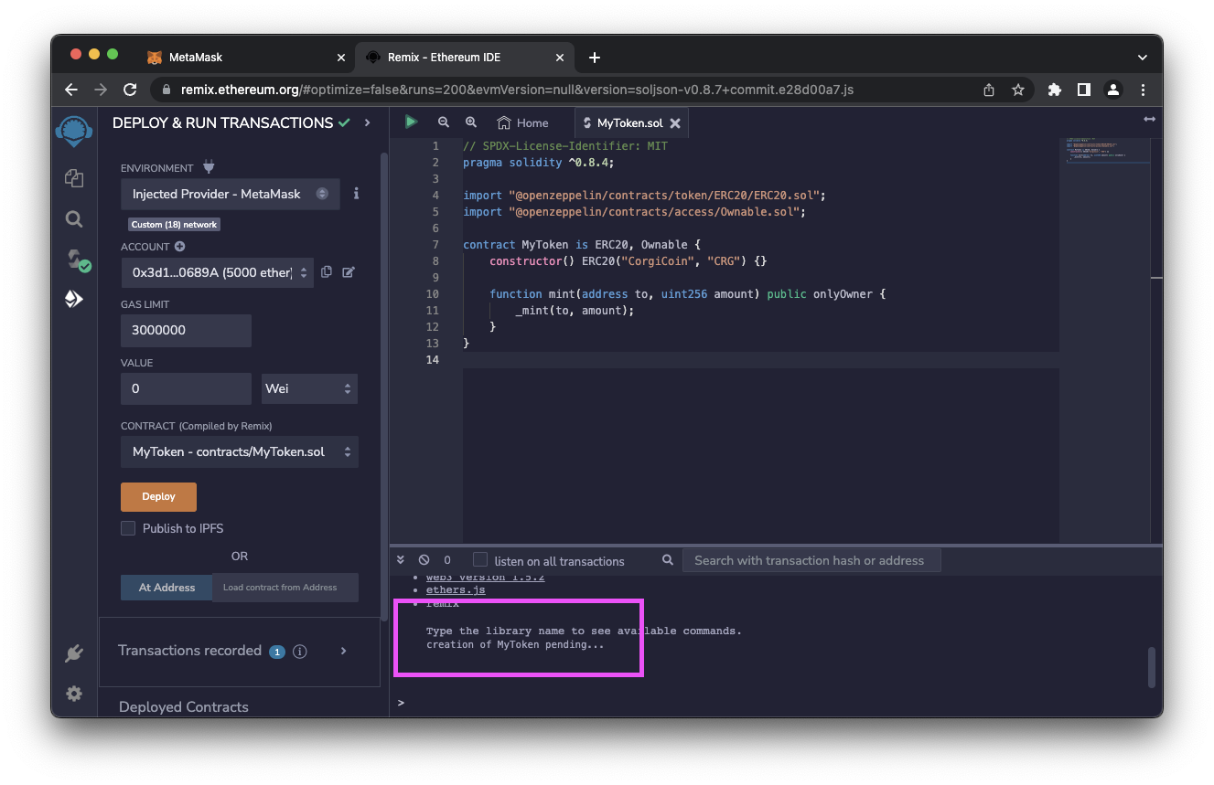 A pending transaction in Remix.