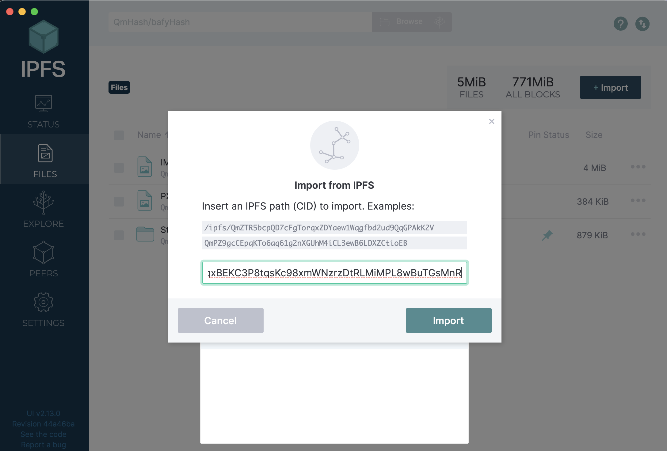 IPFS Desktop Import a CID