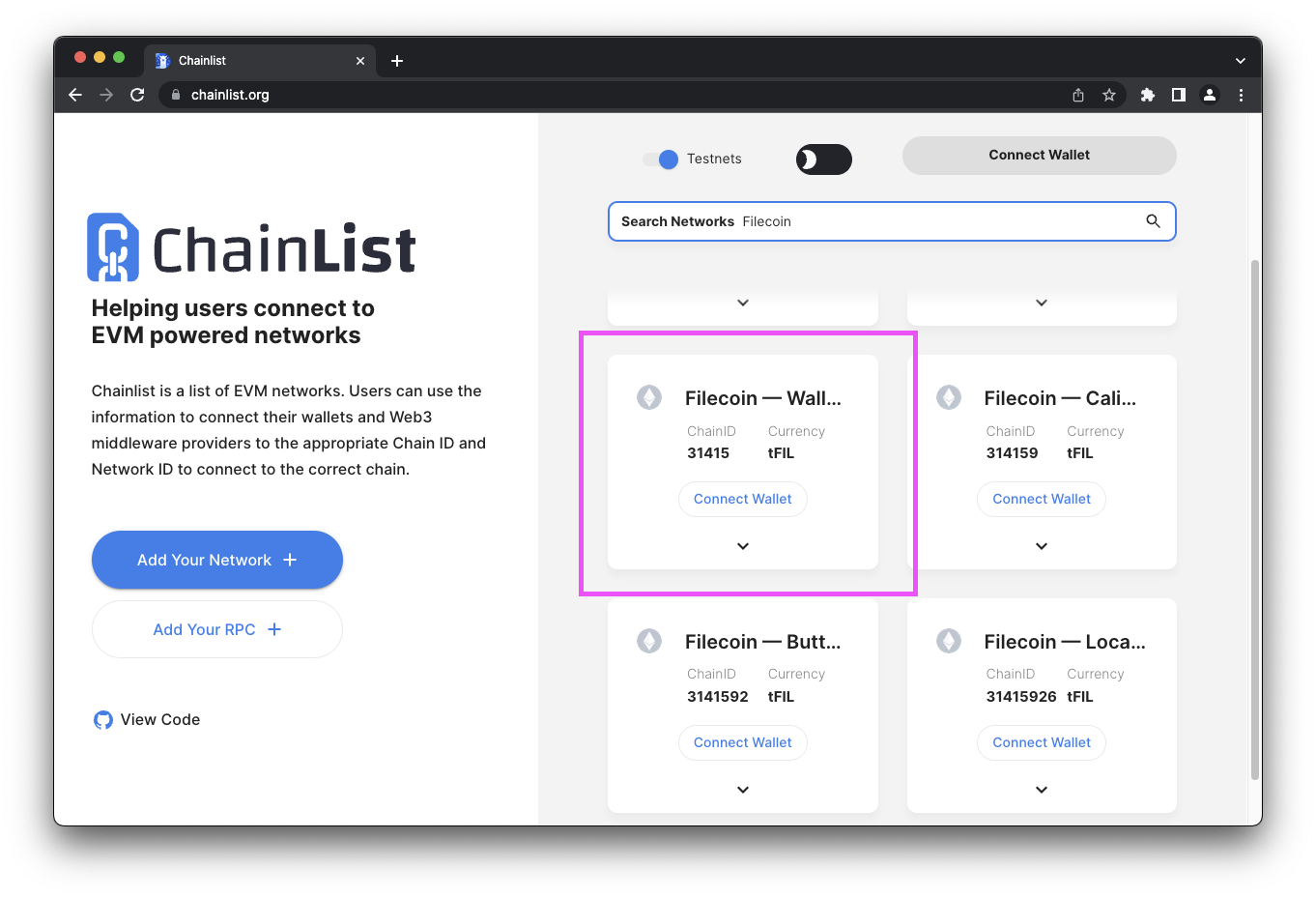 Find the Filecoin Wallaby testnet in Chainlist.