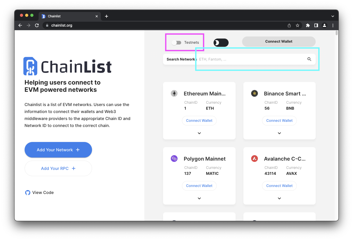 Select a testnet in Chainlist.